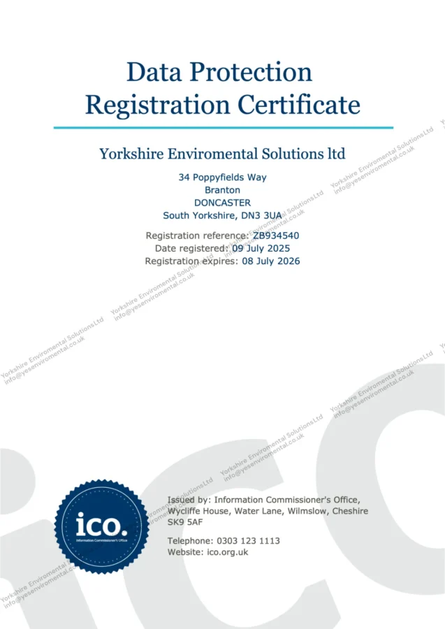 Data Protection Registration Certificate ICO | Yorkshire Enviromental Solutions Ltd